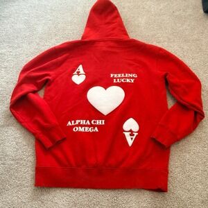 Alpha Chi Omega Hoodie Womens Large Red Feeling Lucky Ace of Hearts Heavyweight